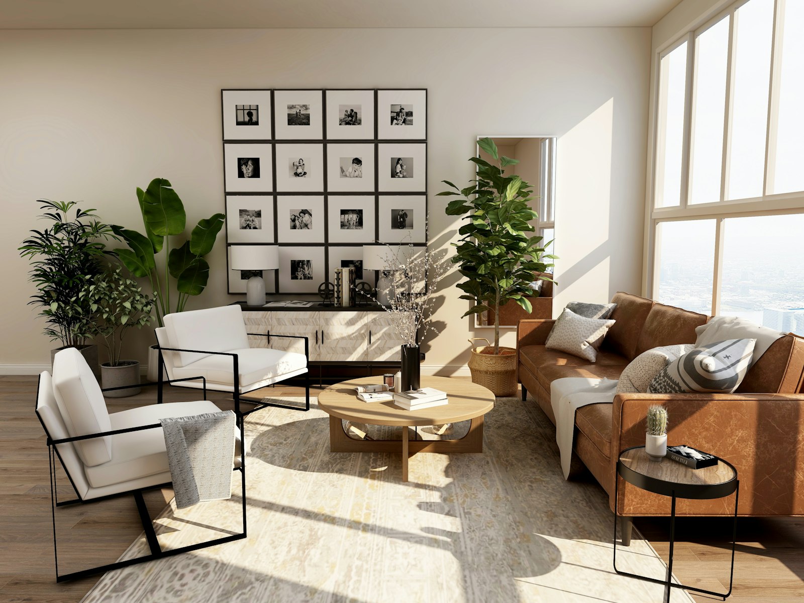 Sunlit living room with warm oak-look plank flooring